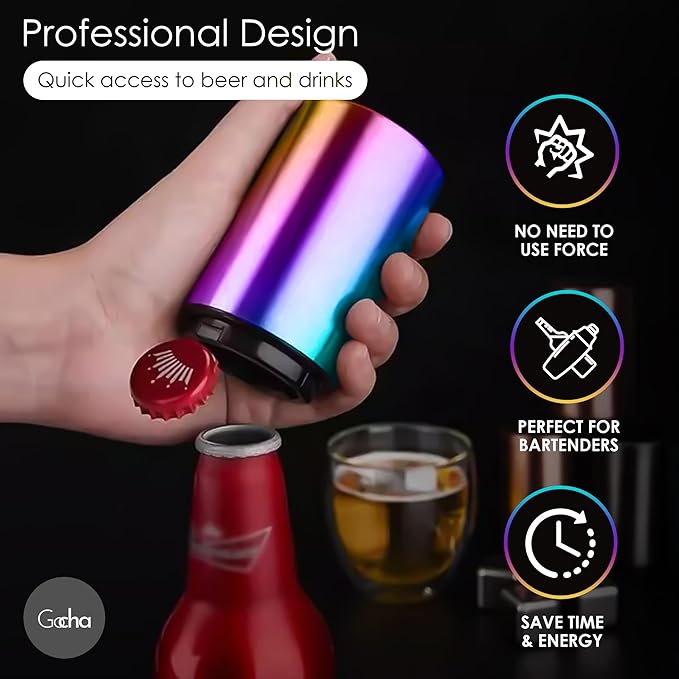GOCHA | Magnetic Beer Bottle Opener with Automatic Cap Catcher – Stainless Steel Push-Down Gadget, One-Hand Bar Tool for Beer & Soda Bottles (Rainbow)
