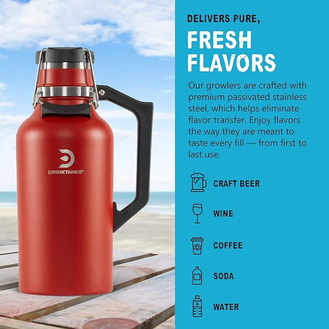 DrinkTanks Craft Growler – 64 oz Vacuum Insulated Stainless Steel Beer Growler with Handle, Leakproof Thermal Beverage Tumbler for Beer, Wine, Coffee, Soda, Kombucha – Reusable & BPA-Free – Crimson