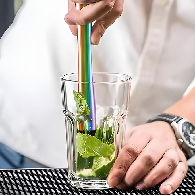 8 Inch Stainless Steel Cocktail Muddler and Mixing Spoon Home Bar Tool Set - Create Delicious Mojitos Old Fashioned/Mint Julep/Other Fruit Based Drinks (Rainbow)