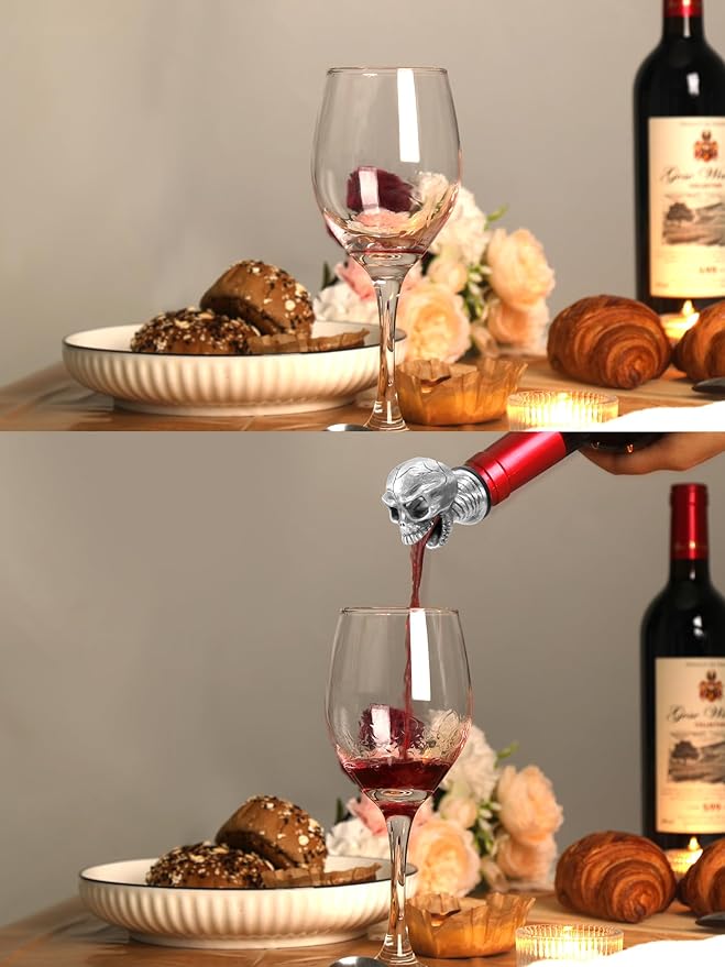 Skull Wine Pourer Spout for Bottles, Skeleton Head Liquor Pourer Stopper for Halloween Party, Gothic Bar Accessories for Wine Whiskey Spirits, No Drip Wine Dispenser Fits Most Standard Bottle Necks