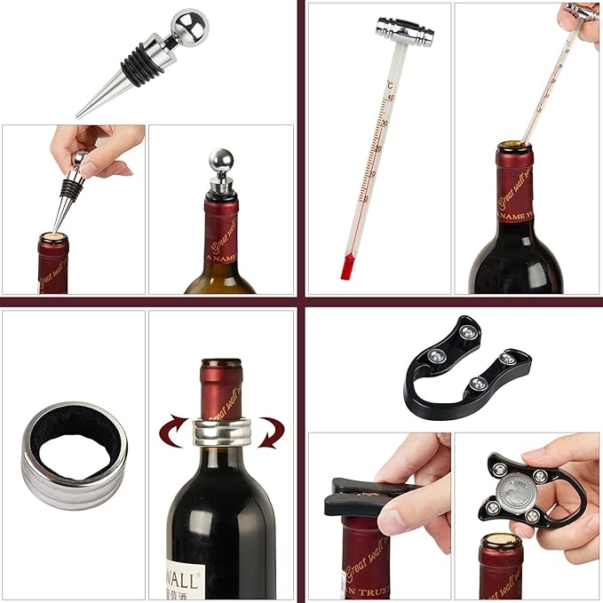 QCLTY 9-Piece Stainless Steel Wine Opener Kit Bottle Opener Gift Set Beer/Wine Accessories Set Wood Case