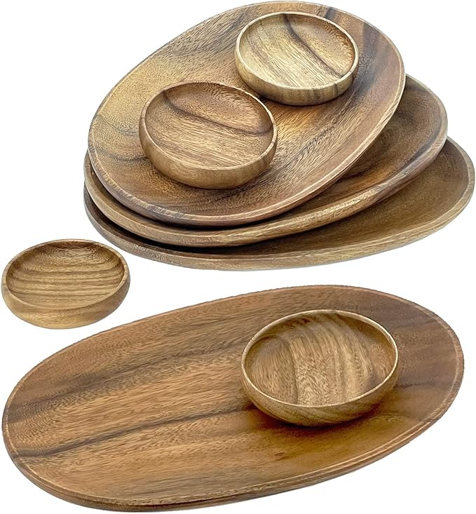 Woodard & Charles 12" Wood Oval Serving Tray with 4" Multipurpose Bowl Perfect for Serving, Sandwiches, Sushi, Chips, Tapas, Hors D'Oeuvre, Charcuterie, Cheese and More, 8 Piece Set