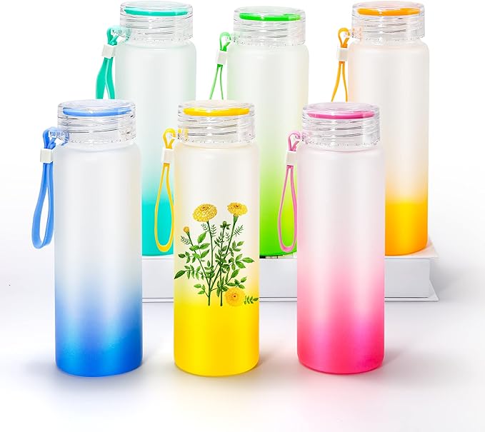 AGH 16oz Sublimation Glass Cups 6 Pack Color Frosted Sublimation Glass Tumblers with Colored Carrying Handle Lids,6 Color Gradient Glasses,Suitable for Cold or Cot Drinks,Easy to Carry
