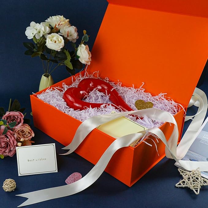 YINUOYOUJIA Large Orange Gift Box with Lid,14"x9"x4.5" Magnetic Gift Boxes with Ribbon,Cards and Envelopes for Presents,Great for Wedding,Birthdays,Crafting,Gift Packaging.