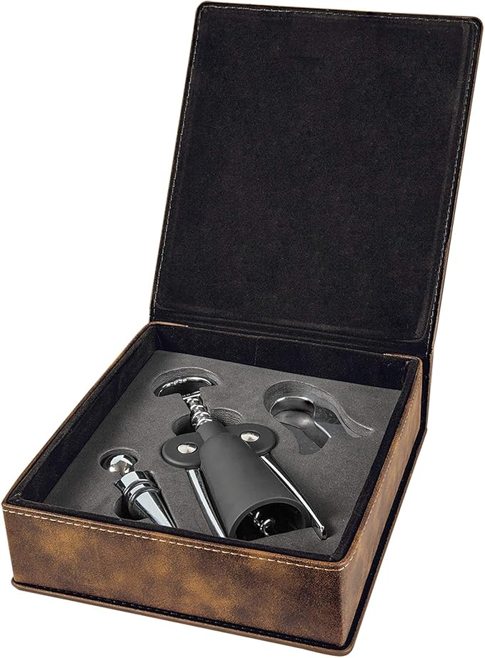 Personalized Leatherette 3 Piece Wine Tool Set (Rustic Brown w/Gold)