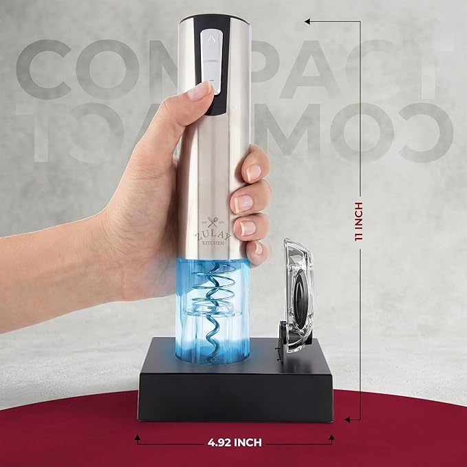 Zulay Kitchen Electric Wine Opener with Charging Base & Foil Cutter - Rechargeable Automatic Corkscrew Wine Bottle Opener for Natural & Synthetic Corks - Stainless Steel Silver