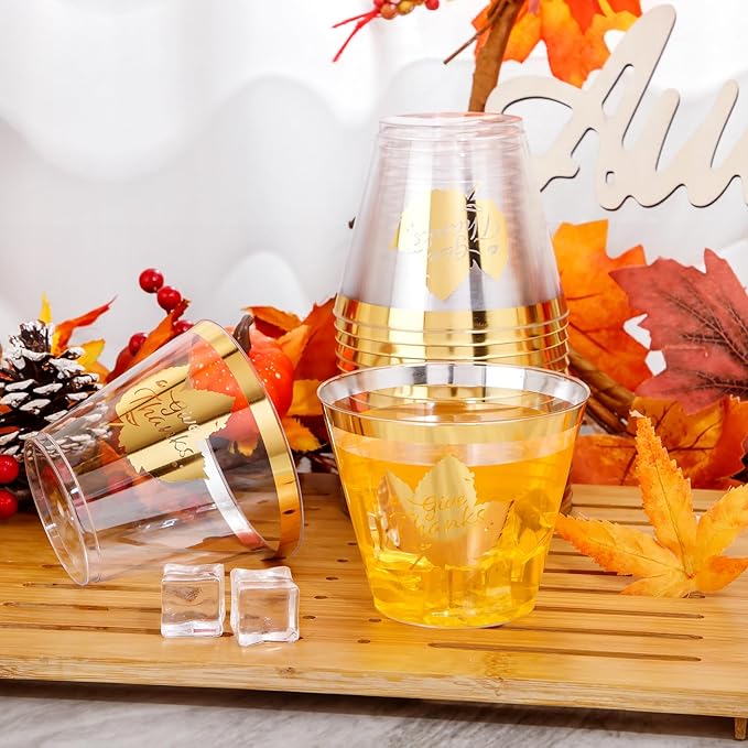 DaYammi 60Pcs Thanksgiving Gold Plastic Cups 9 Oz Gold Rimmed Clear plastic Cups gold Thanksgiving Disposable Party Cups Plastic Drinking Cup Cocktail Glasses Disposable Wine Glasses