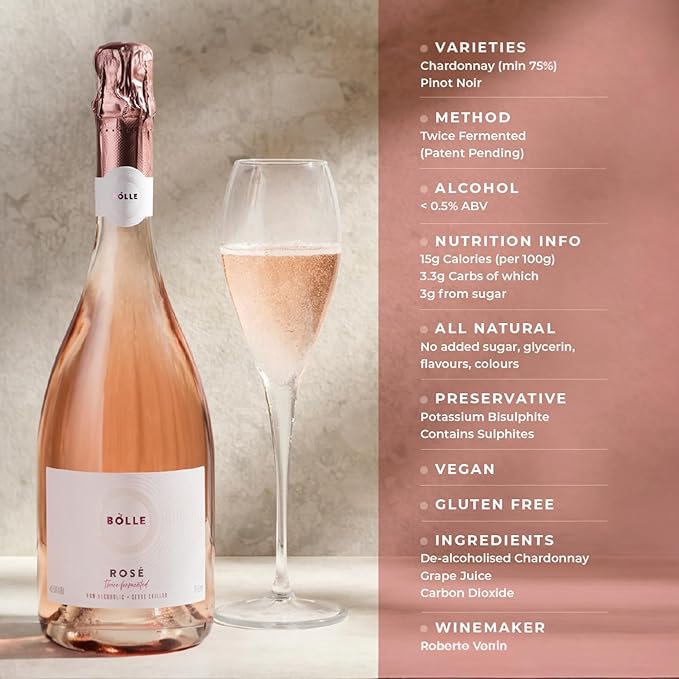 BOLLE Sparkling Rosé - Non Alcoholic Wine - Alcohol Free Sparkling Rose Wine, Award Winning Dry Fresh Red Berry Profile, Champagne Alternative, Zero Proof Champagne Style - 750ml