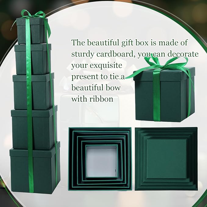 Cholemy 5 Pcs Square Nesting Boxes Decorative Gift Boxes with Lid and Ribbon Assorted Sizes Wrap for Wedding, Carnival, Anniversary, Birthday, Bridal Shower Party Gifts(Green)