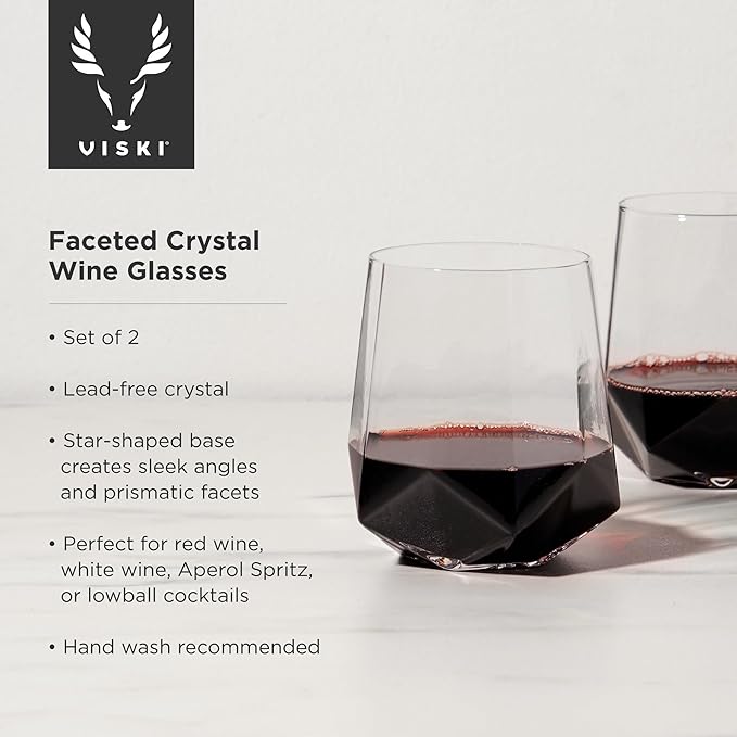 Viski Seneca Faceted Wine Glasses, Star-Shaped Base, Modern Crystal Clear Drinking Glasses for Red and White Wines, Cocktails, Aperol Spritz, Wedding Gifts, Home Bar, Elegant Glassware Set of 2, 20 oz