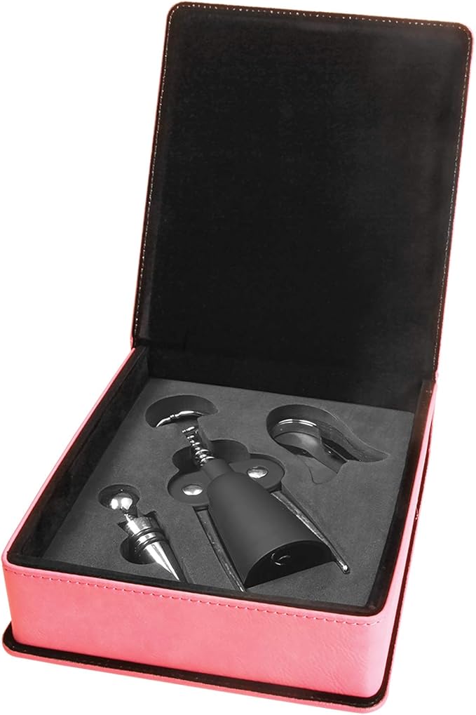 Personalized Leatherette 3 Piece Wine Tool Set (Pink w/Black)