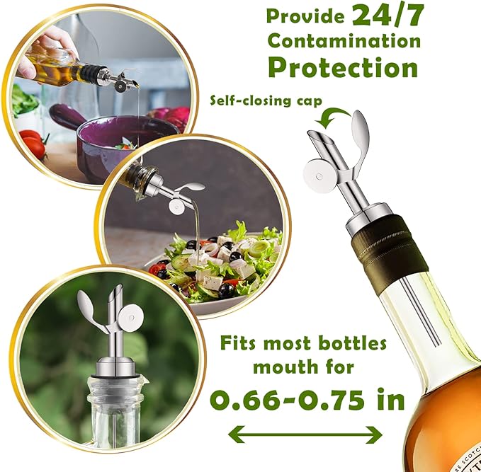 WAFJAMF 4 Pcs Weighted Stainless Steel Bottle Pourers, Self Closing Olive Oil Dispenser Spout, Auto Flip Feature Liquor Pour Spouts for Pours Liquid, Olive Oil, Wine, Vinegar（Silver）