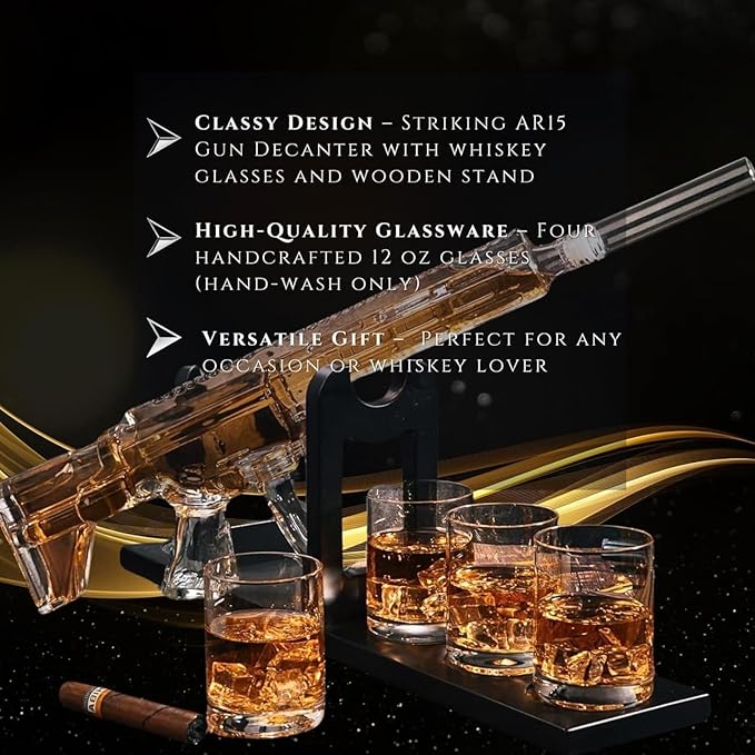 AR15 Gun Decanter Birthday Gifts for Men Dad, Whiskey Set - Rifle Limited Edition, Silencer Stopper - 800 ml & 12oz Bullet Glasses - Father Gift - Drinking Party, Liquor, Vodka Tik Tok Viral Dispenser