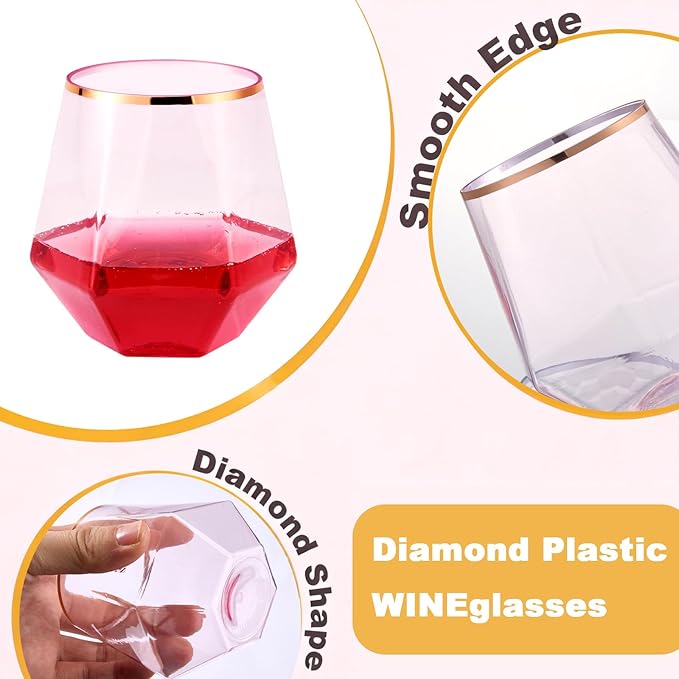 Goodluck 40 PCS Diamond Stemless Plastic Pink Wine Whiskey Glasses, 12 Oz Disposable Cocktail Glasses, Suitable for Weddings, Birthday Parties, Family Gatherings, Bars, etc (Rose Gold rimmed cups)