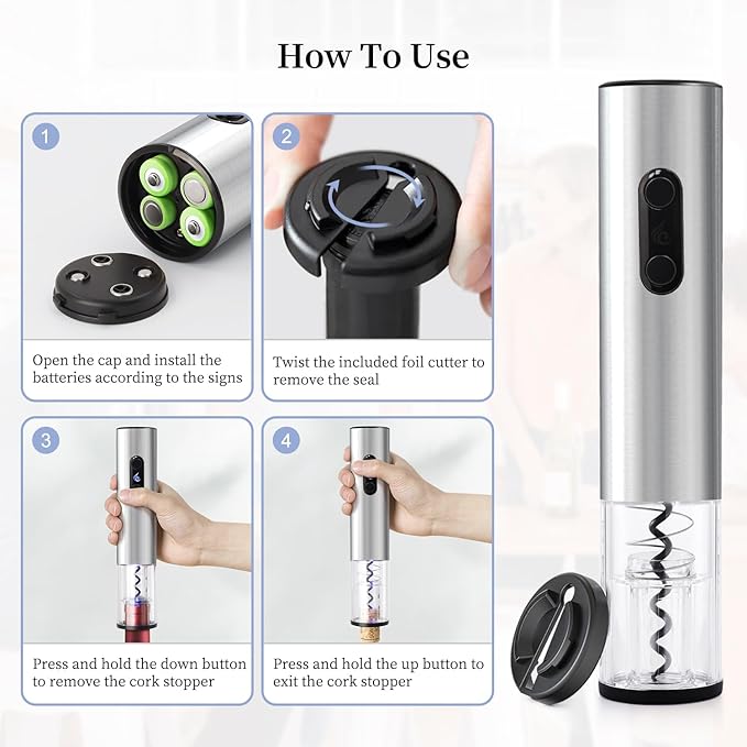 Battery Operated Electric Wine Opener by ELMWAY - Stainless Steel Electric Corkscrew with LED Light & Foil Cutter, Simple Push-Button Operation for Wine Lover (Silver, 4 x AA Not Included)