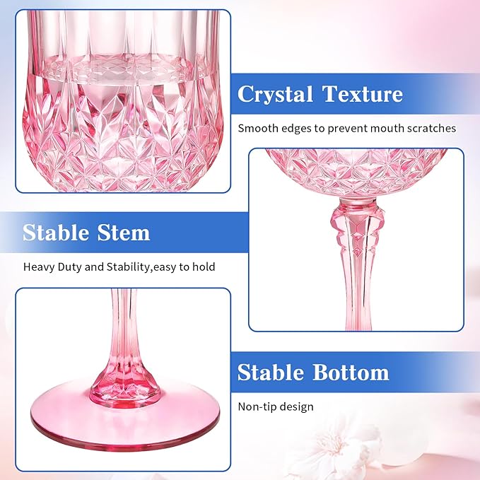 7OZ Plastic Wine Glasses, Disposable Goblets Drinking Glasses Crystal Vintage Water Cups Unbreakable Champagne for Wedding, Parties, Valentine's Day (Pink)
