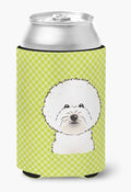 Caroline's Treasures BB1279CC Checkerboard Lime Green Bichon Frise Can or Bottle Hugger Cooler Washable Drink Sleeve Collapsible Beverage Insulated Holder, Can Hugger, Multicolor