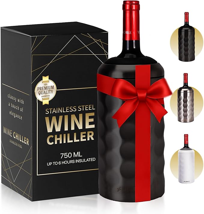 Wine Gifts - Premium Wine Chiller - 750mL Stainless Steel Bottle Cooler, Vacuum Insulated & Double-Walled - Keeps Cold 6+ Hours - Champagne Sleeve for Most Bottles - Black