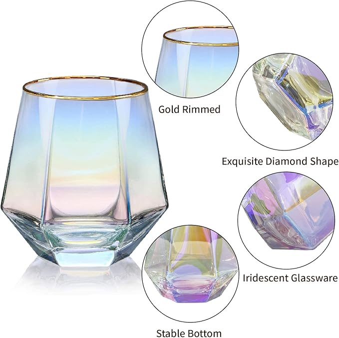 XKXKKE Diamond Wine Glasses Set of 4, 10 OZ Modern Stemless Gold Rim Glass Cups Iridescent Drinking Glassware for Serving Party, Home, Bar, Restaurants, Gift, Rainbow Tumbler, Colorful 4 Pack