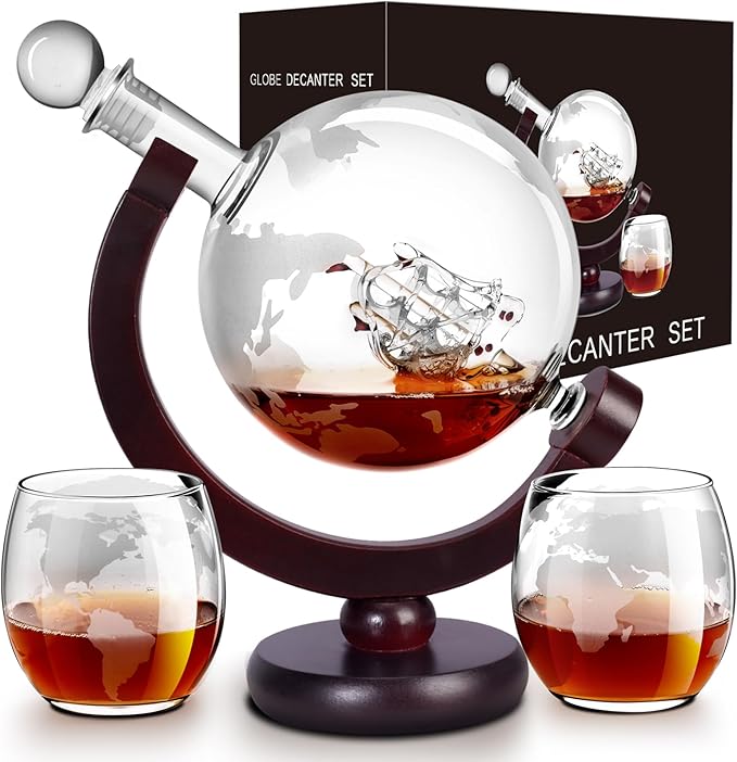 Whiskey Decanter Sets for Men, Whiskey Decanter Globe Set, Gifts for Men Dad Valentines Day with 2 Etched Globe Whisky Glasses for Liquor, Bourbon, Cocktails, Scotch liquor decanter Sets - 850ml
