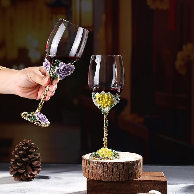 Simcat Handmade Painted Enamel Flower Glass Wine Glasses Transparent Refined Goblet, Stem For Cabernet, Gifts (pink double gift box,big flower)