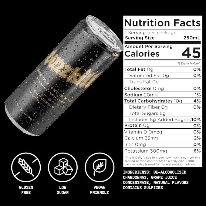 Buzzkill Wines Non-Alcoholic Sparkling Blanc de Blancs | Dealcoholized California Dry White Wine, Gluten-Free, Alcohol-Free, Low Sugar, 45 Calories, Pack of 4, (8.4 fl. oz. each can) 33.8 FL Oz