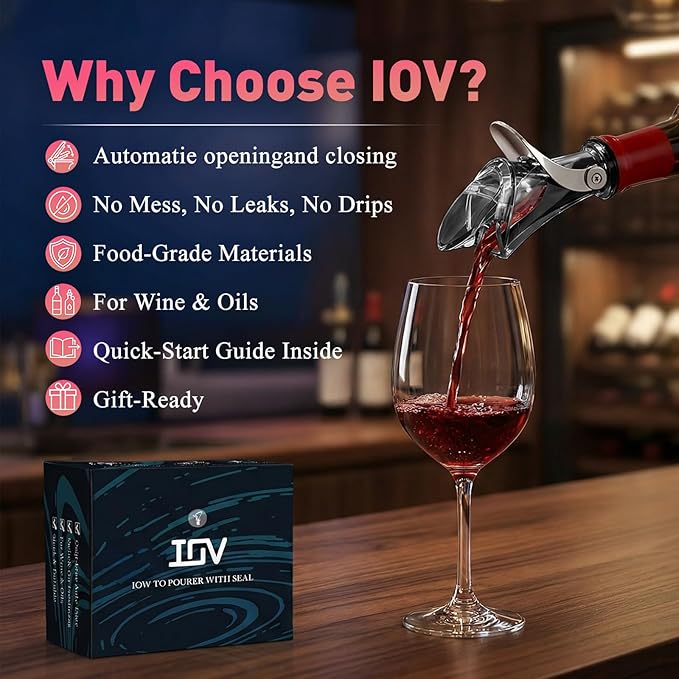 IOV Wine Pour Spout, Upgraded Sealing Liquor Bottle Pourers, Auto Flip Olive Oil Dispenser Spout, Pourer with Dust Caps for Alcohol, Vinegar and Syrup, No-Drip Wine accessories, Black