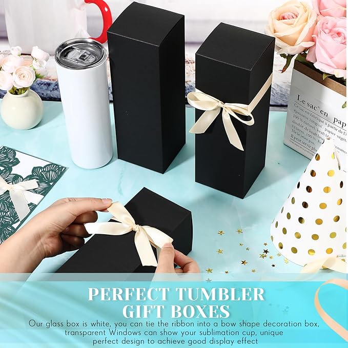 Qilery 12 Sets Gift Boxes with Ribbon for Sublimation Glass Tumbler Gift Boxes for 12oz, 20oz, 30oz Shipping Cup Exhibition Packaging(Black)