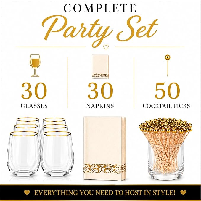 Plastic Wine Glasses Stemless Disposable 12 oz with Gold Rim - 30 Guests Party Drinkware Set, 30 Plastic Cups, 30 Napkins & 50 Cocktail Picks - BPA-Free, Shatterproof, Reusable, Recyclable