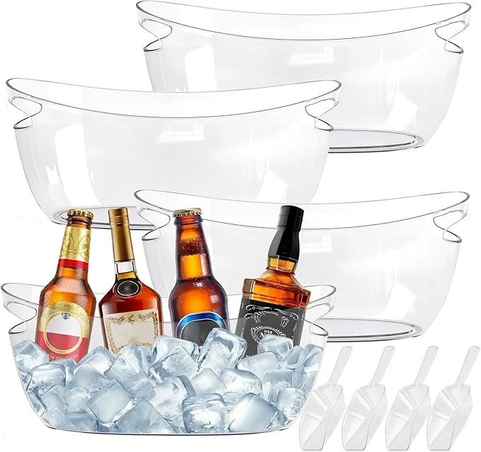 4-Pack Ice Buckets for Parties - Extra Large 5.5L Clear Beverage Tubs with Scoops, Perfect for Champagne, Beer, Sparkling Wine, and Cocktails - Mimosa Bar Supplies