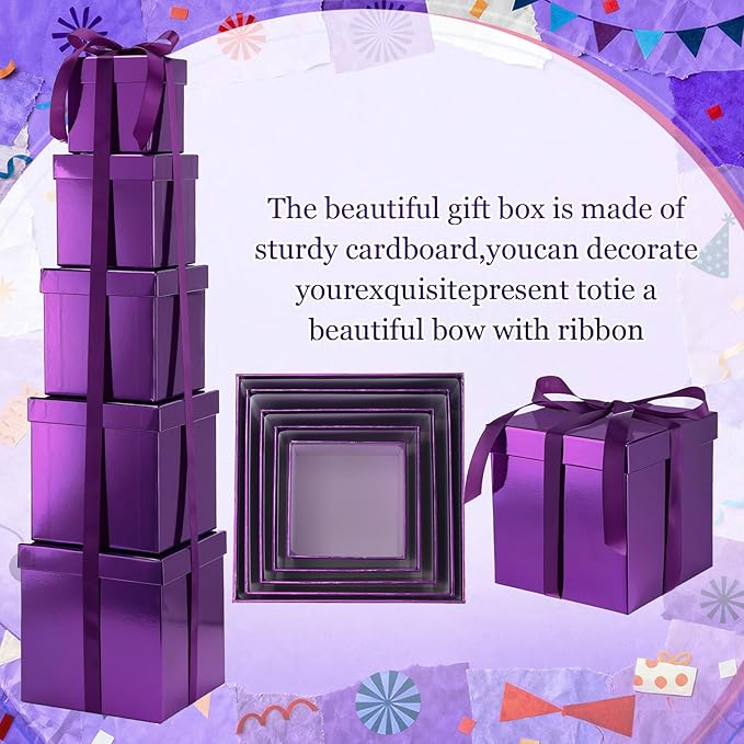 Cholemy 5 Pcs Square Nesting Boxes Decorative Gift Boxes with Lid and Ribbon Assorted Sizes Wrap for Wedding, Carnival, Anniversary, Birthday, Bridal Shower Party Gifts(Purple)