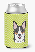 Caroline's Treasures BB1317CC Checkerboard Lime Green Corgi Can or Bottle Hugger Cooler Washable Drink Sleeve Collapsible Beverage Insulated Holder, Can Hugger, Multicolor