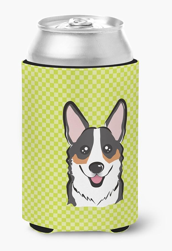 Caroline's Treasures BB1317CC Checkerboard Lime Green Corgi Can or Bottle Hugger Cooler Washable Drink Sleeve Collapsible Beverage Insulated Holder, Can Hugger, Multicolor