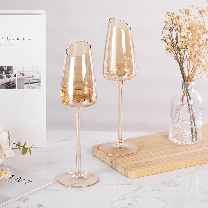 KAMMAK Wine Glasses Set of 2, 7.44 oz Hand Blown Crystal Bordeaux Wine Glasses, Thin Rim & Long Stem, Perfect for Red & White, Daily Use, Wedding or Birthday Gift with Gift Box, XH-H260 Amber
