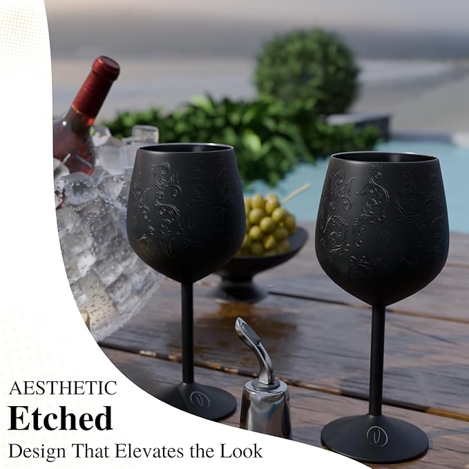 Mother’s Day Gift for Mom – Set of 2 Etched black Stainless Steel Wine Glasses, 17oz Engraved Goblets with Bottle Stopper, Unbreakable Elegant Wine Cups, Gift for Women, Wife, Mom, Sister