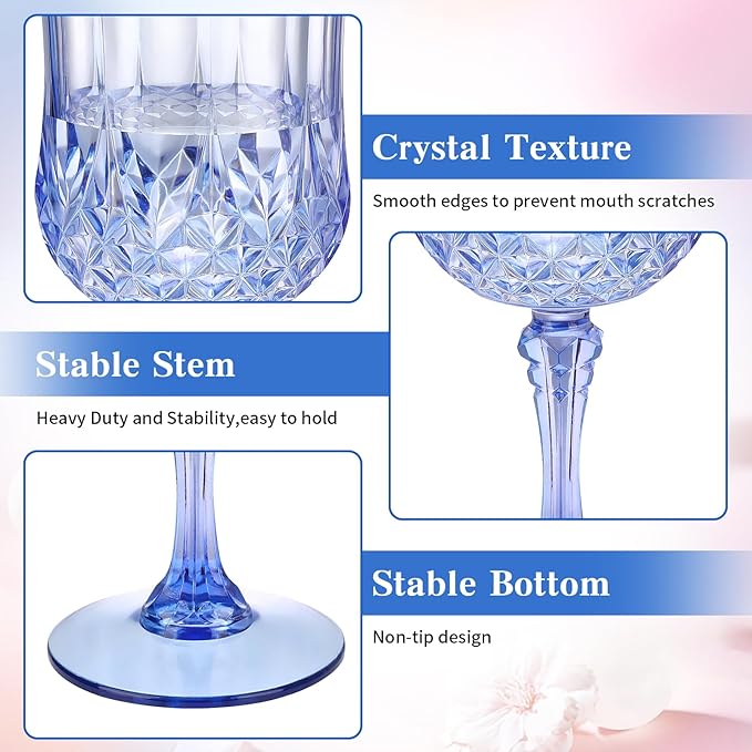 7OZ Plastic Wine Glasses, Disposable Goblets Drinking Glasses Crystal Vintage Water Cups Unbreakable Champagne Glasses for Wedding, Parties, Valentine's Day (Blue)