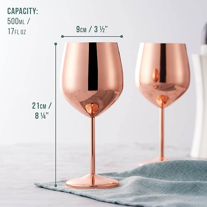 Oak & Steel - 2 Rose Gold Stainless Steel Wine Glasses (18 Oz) Unbreakable Metal Wine Glasses, Wine Goblets with Gift Box for House Warming, Valentines, Anniversary
