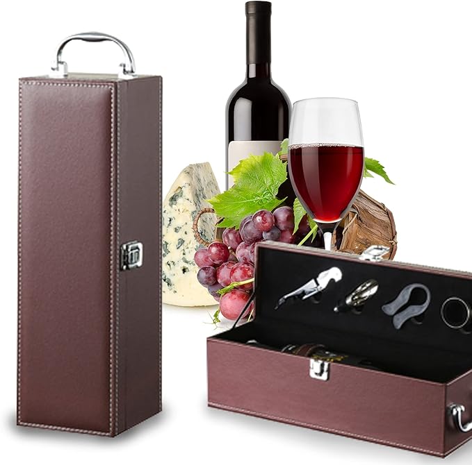 Bottle Wine Carrier,Leather Wine Gift Boxes,for Wedding, Anniversary,Travel, Restaurant, Party, Gifts for Wine Lovers, Storage Box for Home Bar Wine Collection With 4pcs Wine Accessories Set（brown）