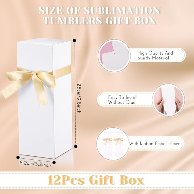 Qilery 12 Sets Gift Boxes with Ribbon for Sublimation Glass Tumbler Gift Boxes for 12oz, 20oz, 30oz Shipping Cup Exhibition Packaging(White)
