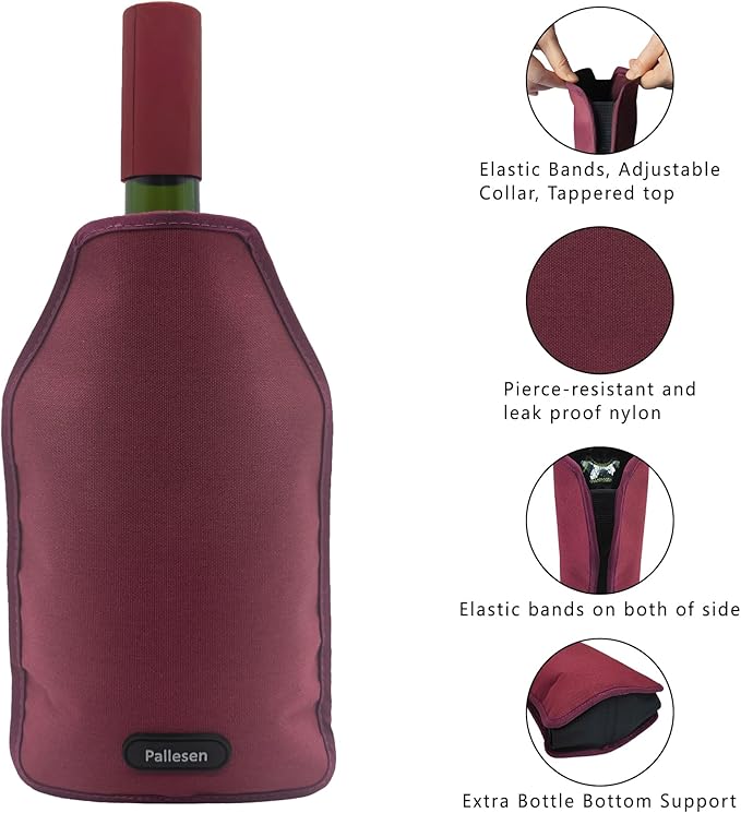 Pallesen Portable Wine Cooler Sleeve Reusable Wine Bottle Chiller Flexible Wine Ice Bag Keep Wine Cool and Refreshing for 750ml Standard Size Bottles Red Wine, White Wine & Champagne (Burgundy)