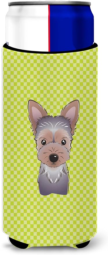 Checkerboard Lime Green Yorkie Puppy Ultra Beverage Insulators for slim cans