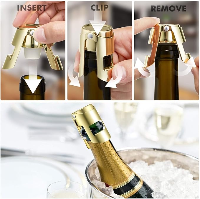HYZ Champagne Stoppers 3-Pack, Stainless Steel Sparkling Wine Bottle Stopper with Pure Silicone Air Tight Seal - Professional Wine Saver for Champagne，Prosecco and Cava Rose Gold/Silver/Black