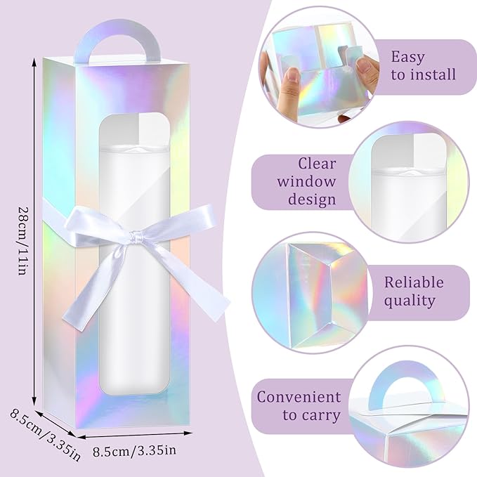 Ctosree 24 Pcs Tumbler Gift Box with Handle for 12oz 16oz 20oz 30oz Clear Wine Glass Gift Box Sublimation Tumblers Heat Press Blanks Bottle for Christmas Wrapping Packaging(Holographic)