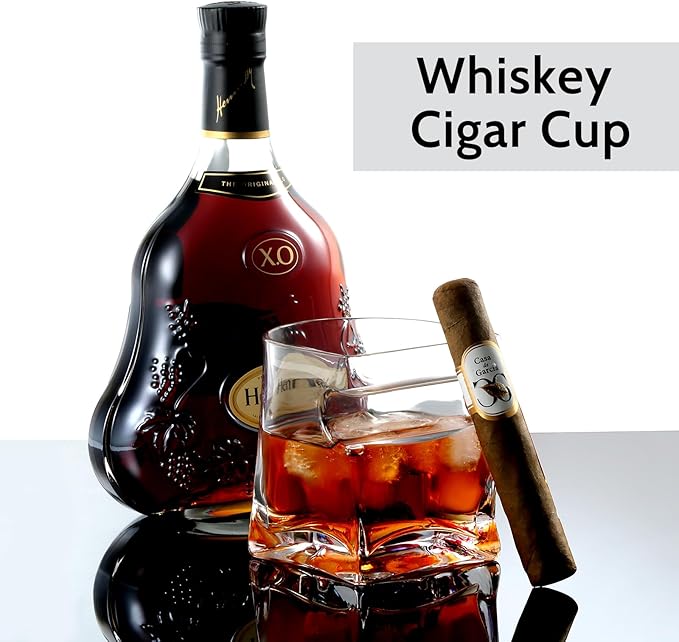 Cigar Whiskey Glass with Cigar Holder-Old Fashioned Glass Set with Cigar Accessories-Crystal Whisky Glass Set with Indented Cigar Rest for Bourbon,Cocktail, Gifts for Men/Dad/Husband(9.5oz)
