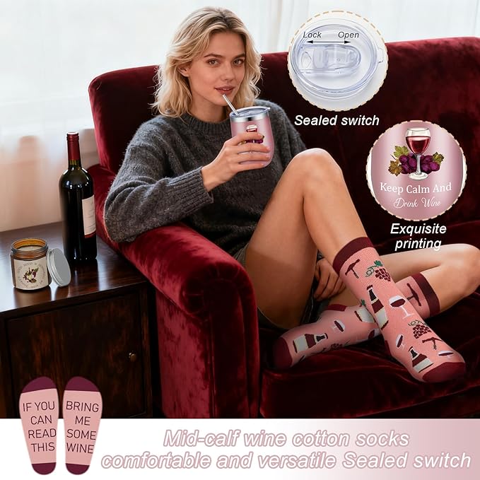 Sieral 7 Pack Funny Wine Mother's Day Gifts Set Include Stainless Steel Tumbler Scented Candle Kitchen Towel Crew Sock Makeup Bag Raffia Gift Box for Wine Lover Mom Sister Friends Coworker