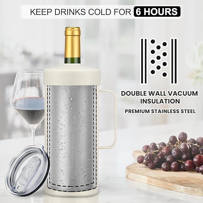 MAXSO 42oz Wine Chiller Iceless Cooler Tumbler - Gift for Wine Lovers, 2-IN-1 Stainless Steel Vacuum Insulated Bucket Portable Mug Cup Wine Accessory Keep Cold, Fit Most 750ml Wine & Champagnes, White