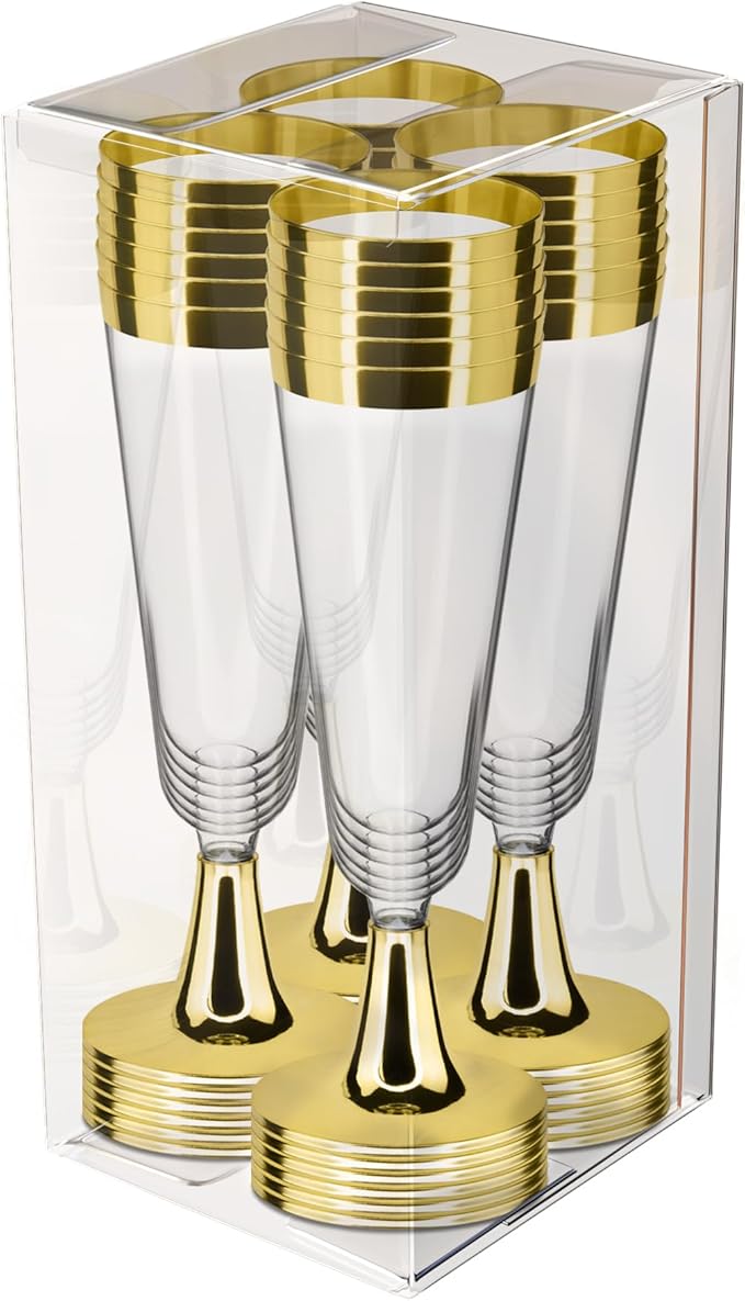DecorRack 24 Plastic Champagne Flute, 5 Oz -BPA Free- Disposable Wine Glass, Perfect for Outdoor Parties, Weddings, Hosting, Stackable, Reusable, Gold (24 Pack)