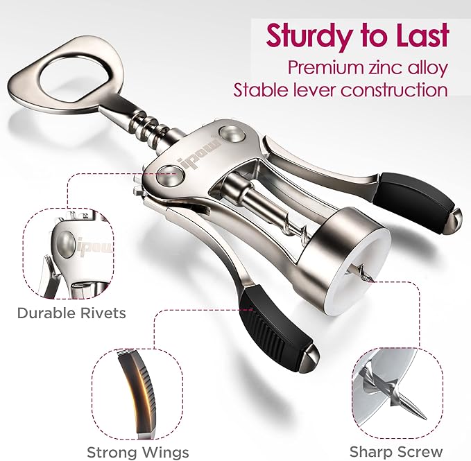 IPOW Wine Opener, Zinc Alloy Wine Bottle Opener, Wing Corkscrew Heavy Duty, Manual Multifunctional Cork Screw for Waiter, Satin Nickel