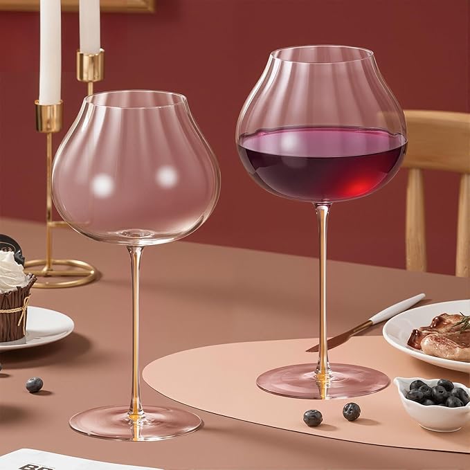 KAMMAK Wine Glasses Set of 2, 24.69 oz Hand Blown Crystal Bordeaux Wine Glasses, Thin Rim & Long Stem, Perfect for Red & White, Daily Use, Wedding or Birthday Gift with Gift Box, Onion Top Orange