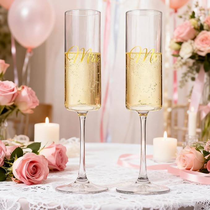 Mr and Mrs Champagne Flutes Set of 2, Crystal Bride and Groom Champagne Glasses, Engagement Bridal Shower and Registry Gifts for Couple Newlyweds, Wedding Anniversary Toasting Glasses with Wooden Box